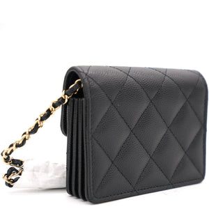 Black Caviar Leather Flap Card Holder with Chain