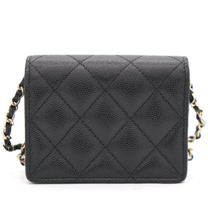 Black Caviar Leather Flap Card Holder with Chain