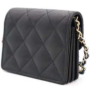 Black Caviar Leather Flap Card Holder with Chain