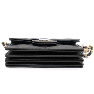 Black Caviar Leather Flap Card Holder with Chain