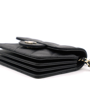 Black Caviar Leather Flap Card Holder with Chain