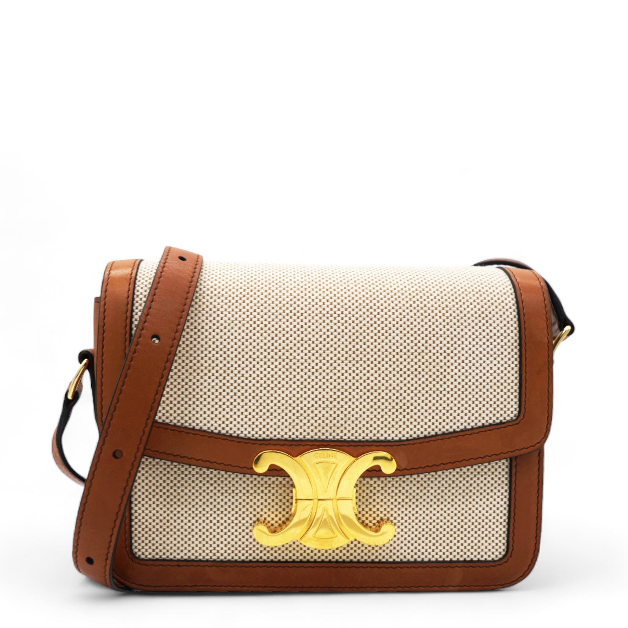 Textile Natural Calfskin Medium Triomphe Bag White Tan