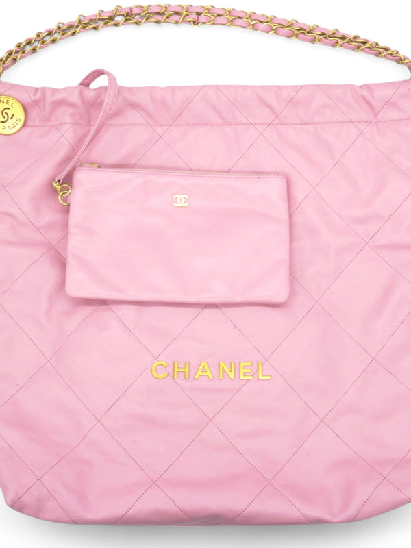 Shiny Quilted Chanel 22 Drawstring Bag Pink Large