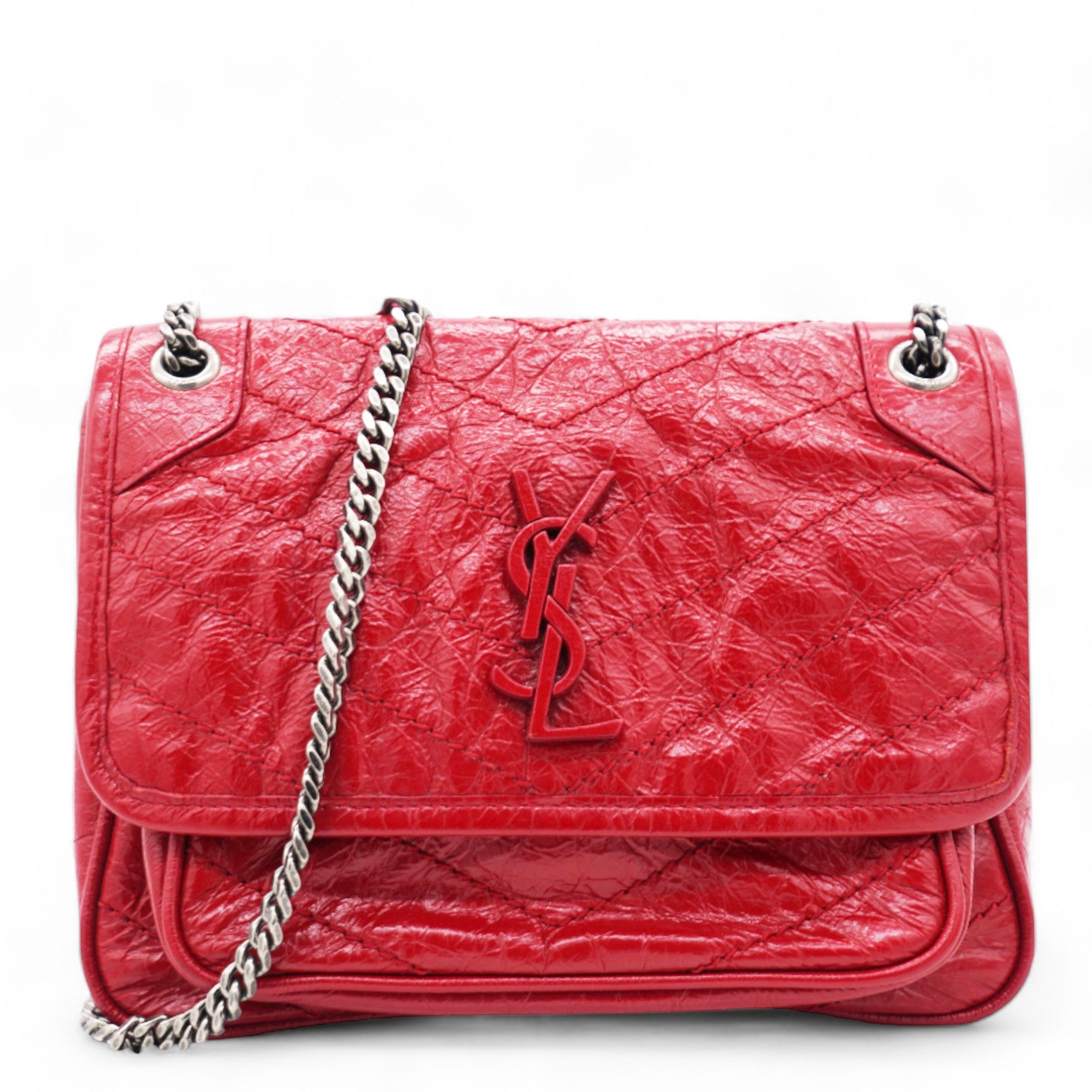 Crinkled Calfskin Matelasse Monogram Baby Niki Chain Satchel Rouge Eros