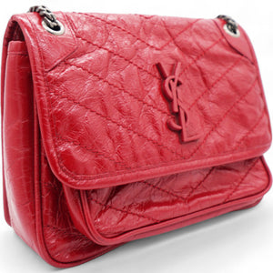 Crinkled Calfskin Matelasse Monogram Baby Niki Chain Satchel Rouge Eros