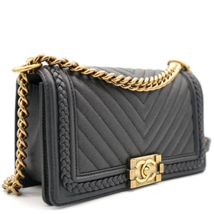 Black Quilted Leather and Twisted Leather Trim Old Medium Boy Flap Bag