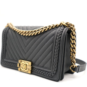 Black Quilted Leather and Twisted Leather Trim Old Medium Boy Flap Bag