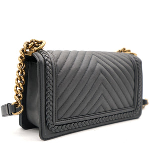 Black Quilted Leather and Twisted Leather Trim Old Medium Boy Flap Bag