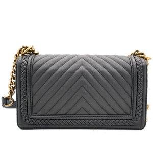 Black Quilted Leather and Twisted Leather Trim Old Medium Boy Flap Bag
