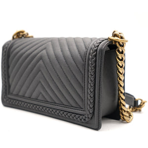Black Quilted Leather and Twisted Leather Trim Old Medium Boy Flap Bag