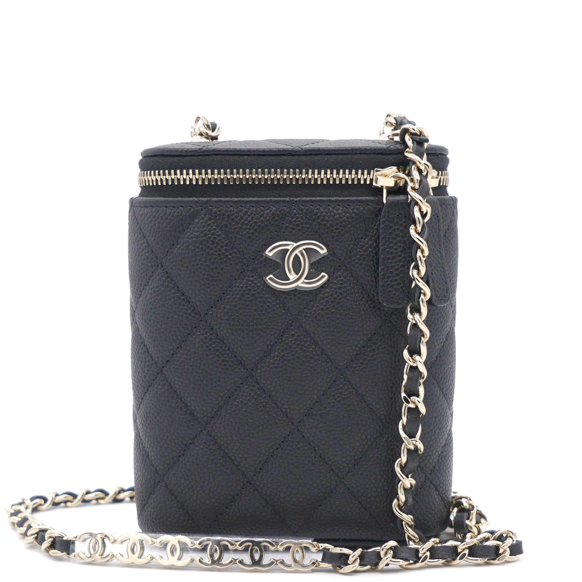 Caviar Quilted Small Vertical Coco Beauty Vanity Case With Chain Black