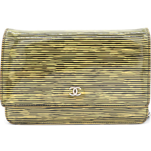Yellow and Black Patent Calfskin Striped Wallet on Chain