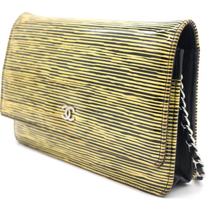 Yellow and Black Patent Calfskin Striped Wallet on Chain