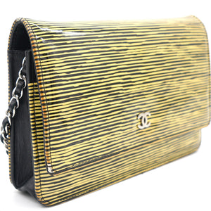 Yellow and Black Patent Calfskin Striped Wallet on Chain
