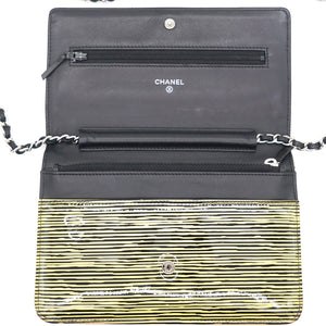 Yellow and Black Patent Calfskin Striped Wallet on Chain