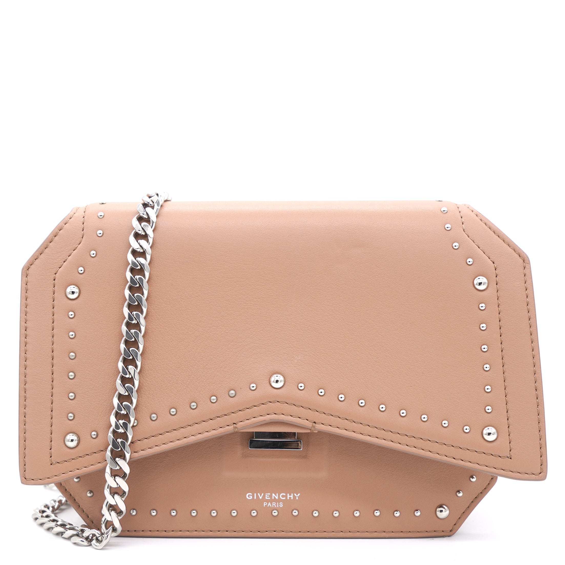 Studded Leather Bow Cut Chain Flap Nude Bag