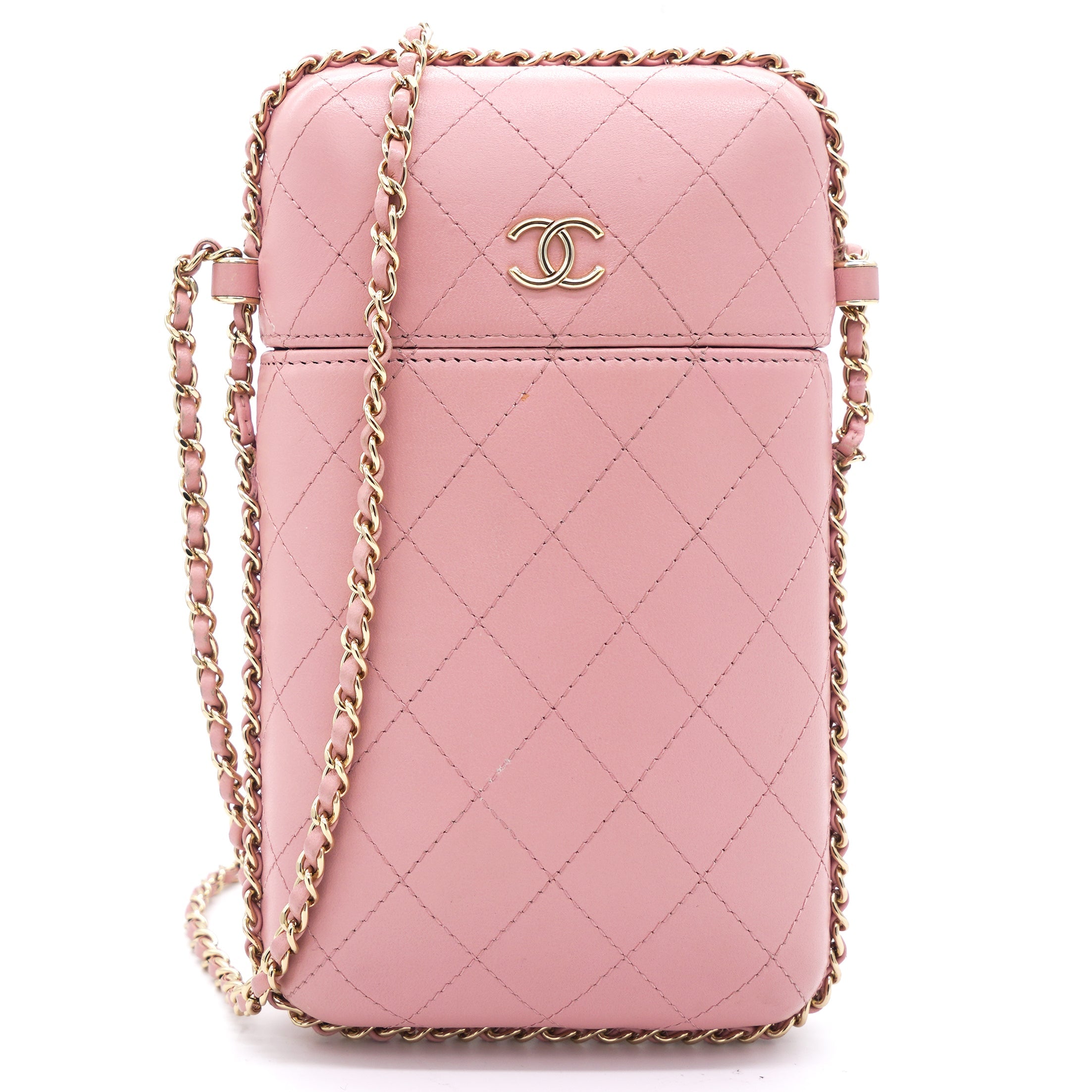 Lambskin Quilted Chain Around Phone Holder Pink
