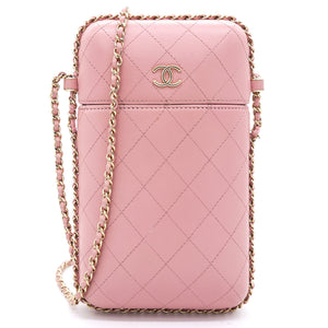 Lambskin Quilted Chain Around Phone Holder Pink