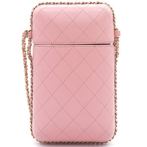 Lambskin Quilted Chain Around Phone Holder Pink
