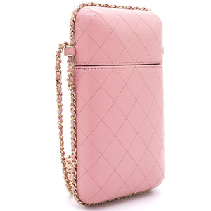 Lambskin Quilted Chain Around Phone Holder Pink