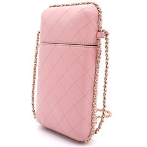 Lambskin Quilted Chain Around Phone Holder Pink