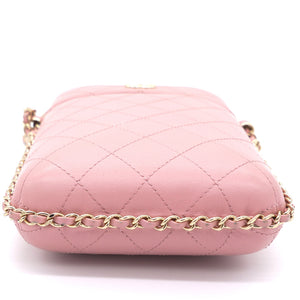 Lambskin Quilted Chain Around Phone Holder Pink