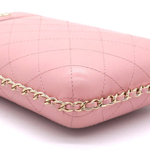 Lambskin Quilted Chain Around Phone Holder Pink
