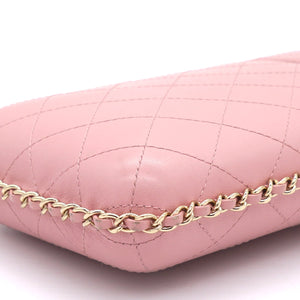 Lambskin Quilted Chain Around Phone Holder Pink