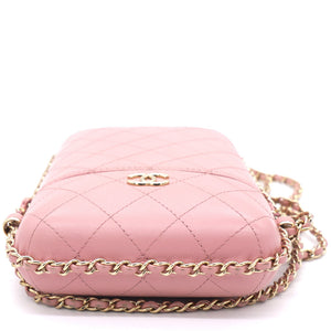 Lambskin Quilted Chain Around Phone Holder Pink