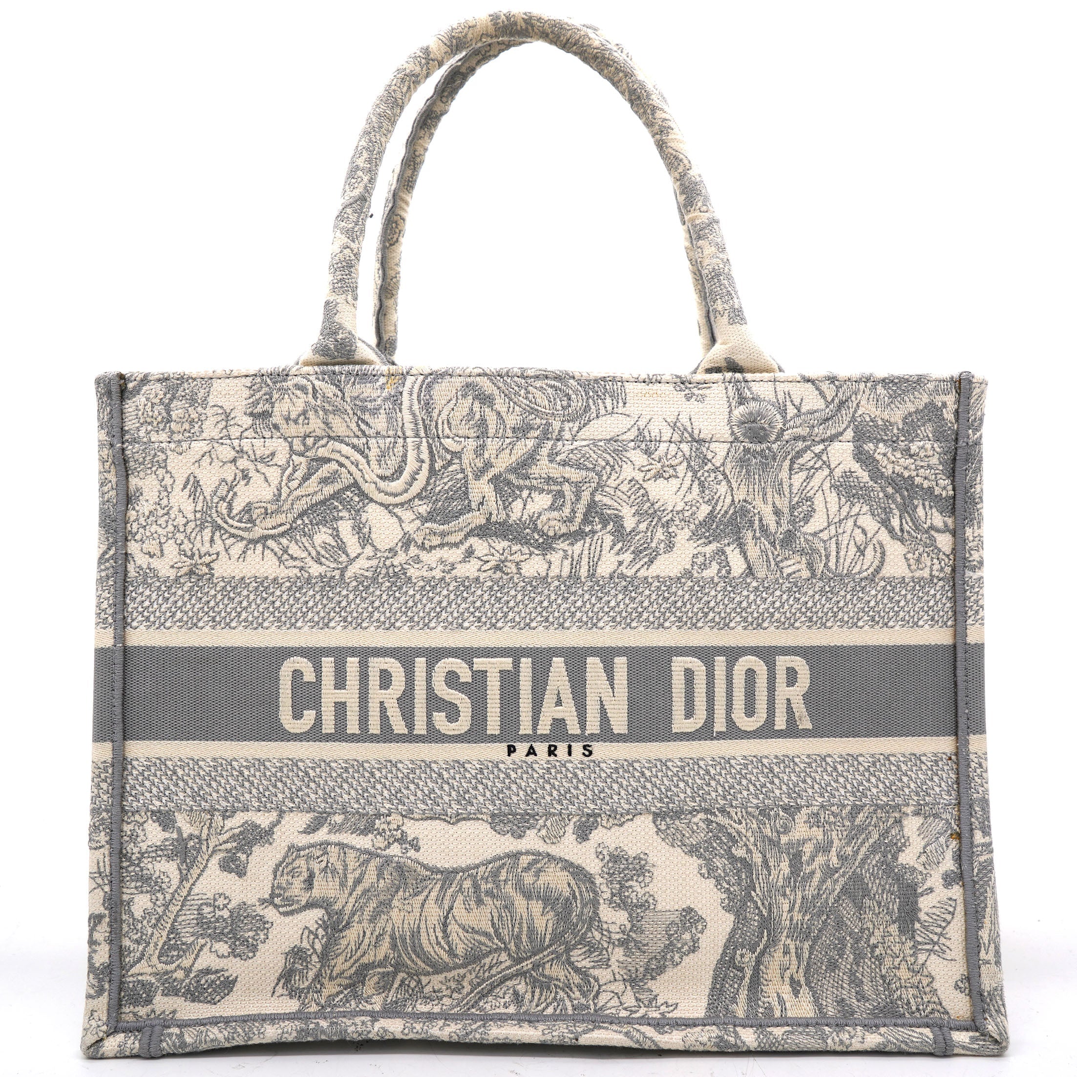 Beige/Grey Embroidered Canvas Toile de Jouy Book Tote