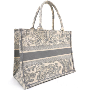 Beige/Grey Embroidered Canvas Toile de Jouy Book Tote