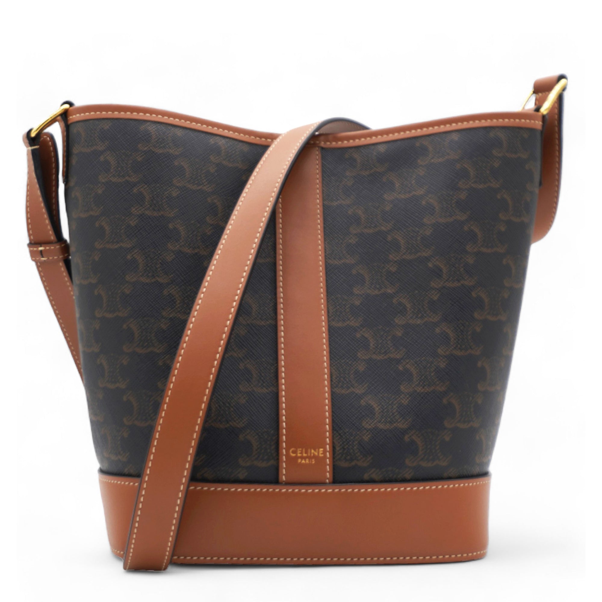 Triomphe Canvas Calfskin  Bucket Bag Tan