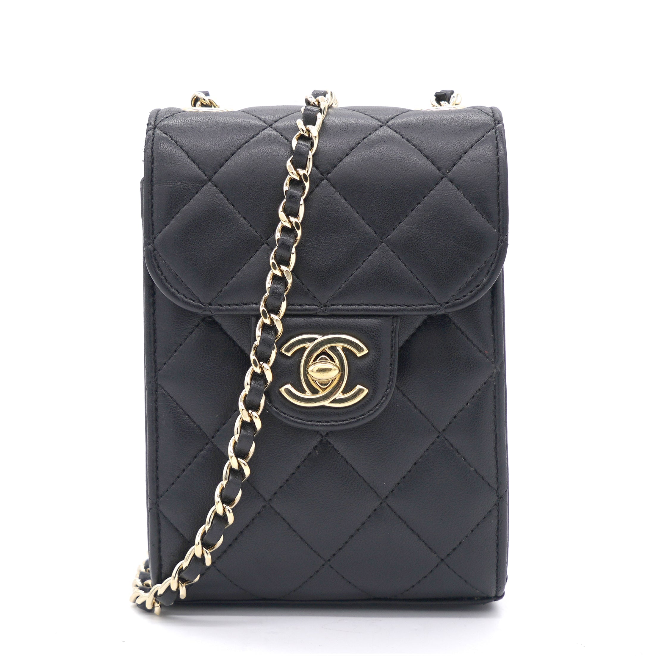 Lambskin Quilted Small Vertical Flap with Chain Black