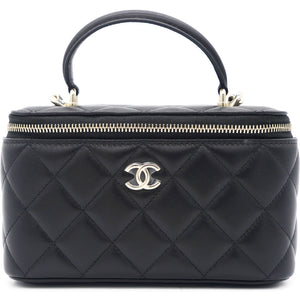 Lambskin Quilted Small Top Handle Vanity Case With Chain Black
