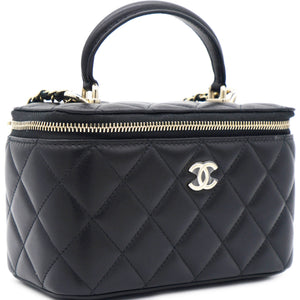 Lambskin Quilted Small Top Handle Vanity Case With Chain Black
