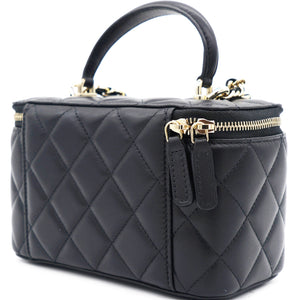 Lambskin Quilted Small Top Handle Vanity Case With Chain Black