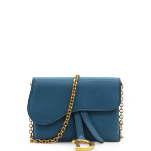 Grained Calfskin Saddle Chain Wallet Pouch Denim