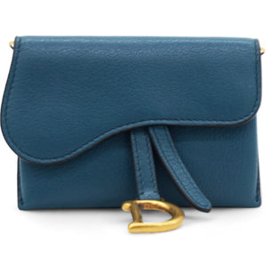 Grained Calfskin Saddle Chain Wallet Pouch Denim