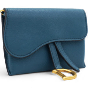 Grained Calfskin Saddle Chain Wallet Pouch Denim