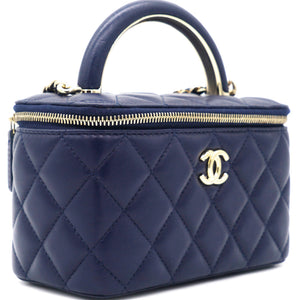 Lambskin Quilted Small Top Handle Vanity Case With Chain Navy
