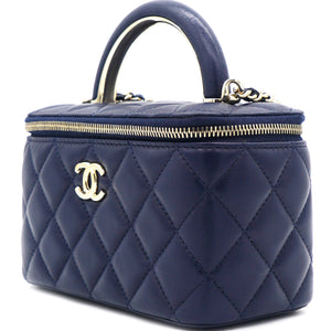 Lambskin Quilted Small Top Handle Vanity Case With Chain Navy