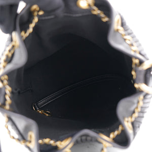 Black Pleated Leather CC Drawstring Bucket Bag