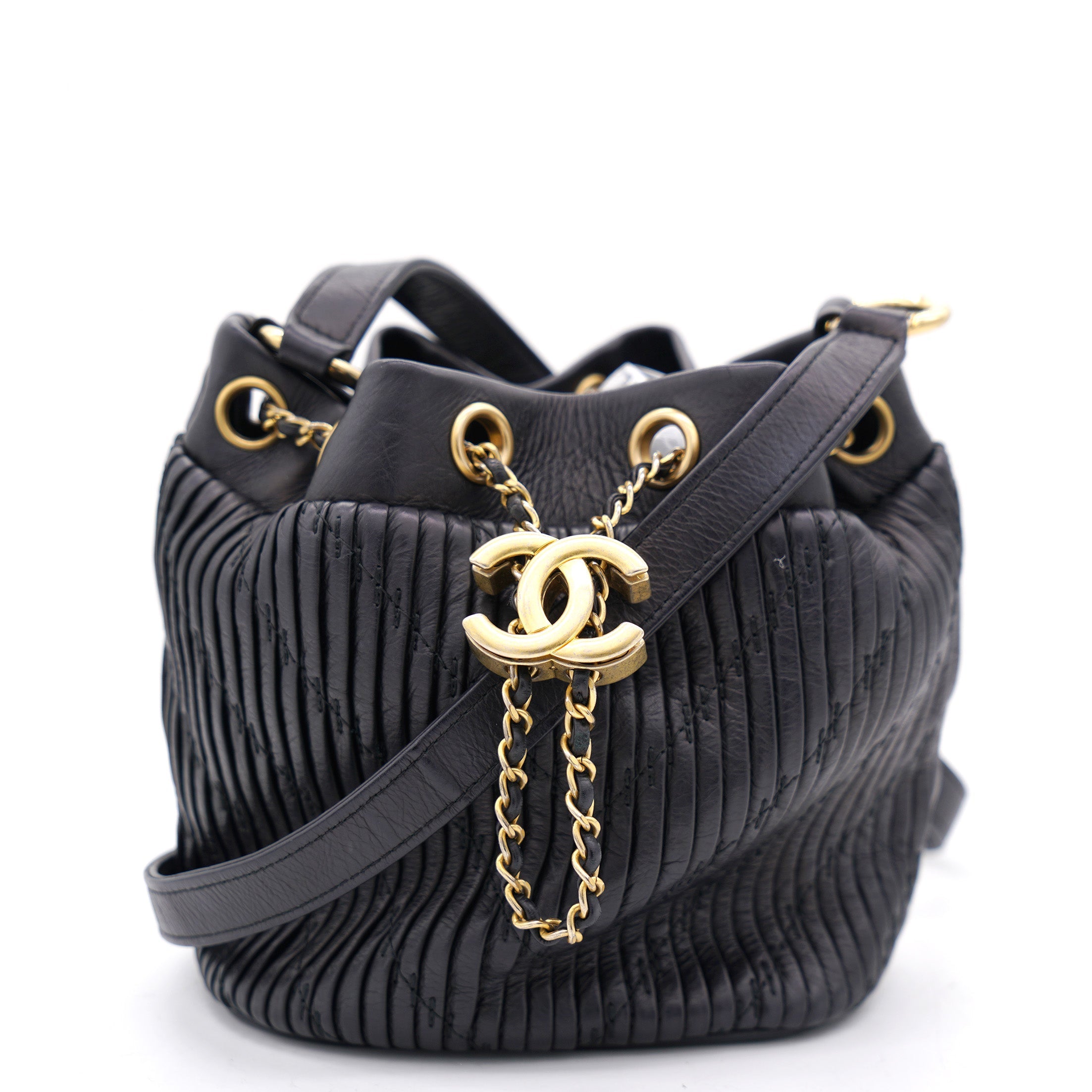 Black Pleated Leather CC Drawstring Bucket Bag