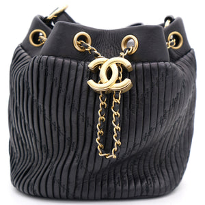 Black Pleated Leather CC Drawstring Bucket Bag