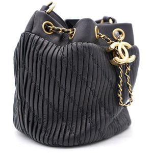 Black Pleated Leather CC Drawstring Bucket Bag