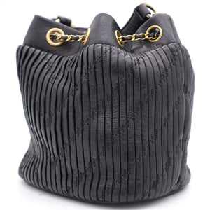 Black Pleated Leather CC Drawstring Bucket Bag