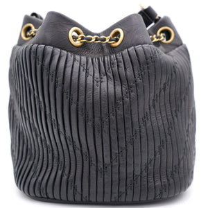 Black Pleated Leather CC Drawstring Bucket Bag