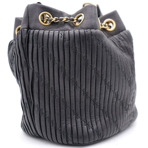 Black Pleated Leather CC Drawstring Bucket Bag