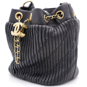 Black Pleated Leather CC Drawstring Bucket Bag