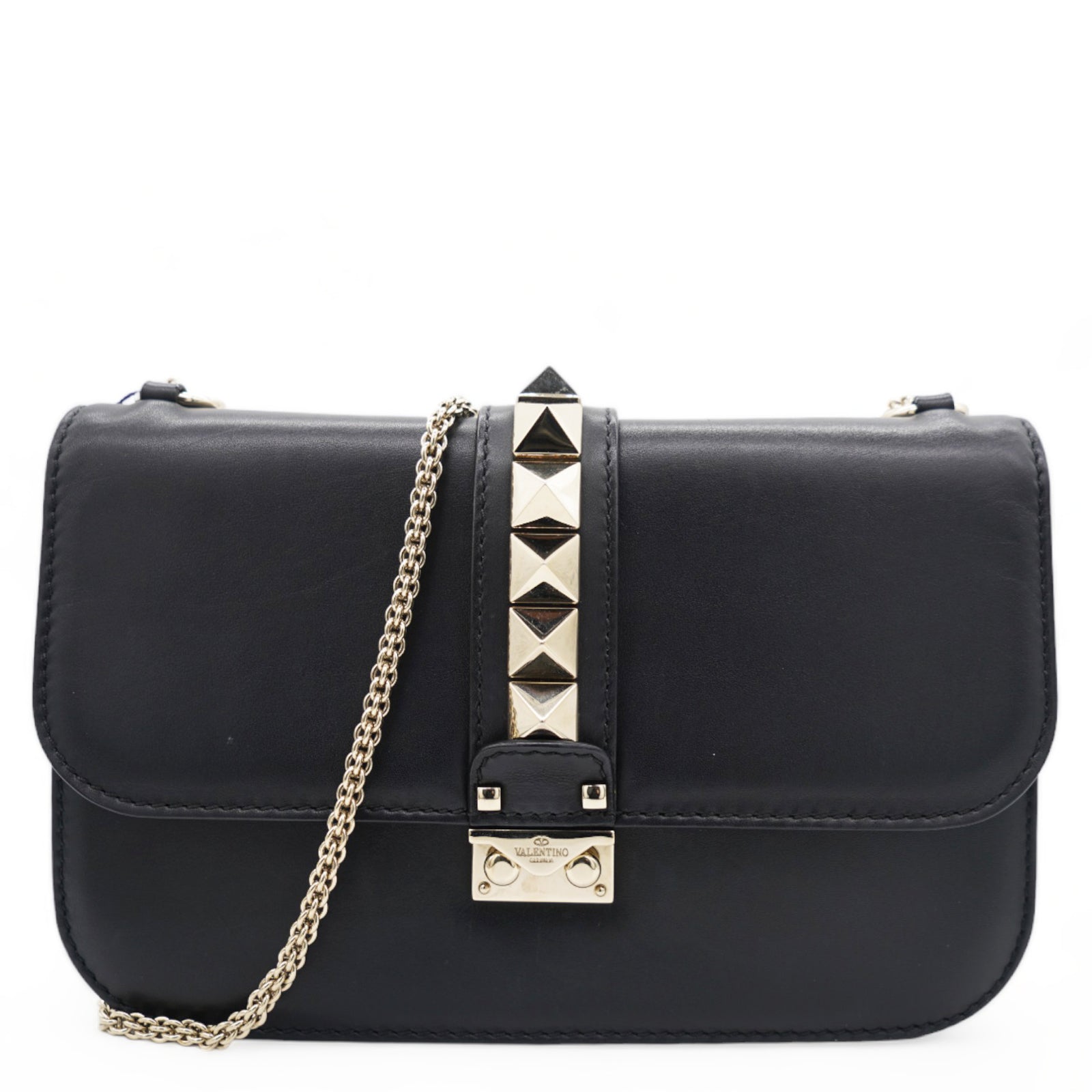 Black Leather Medium Rockstud Glam Lock Flap Bag